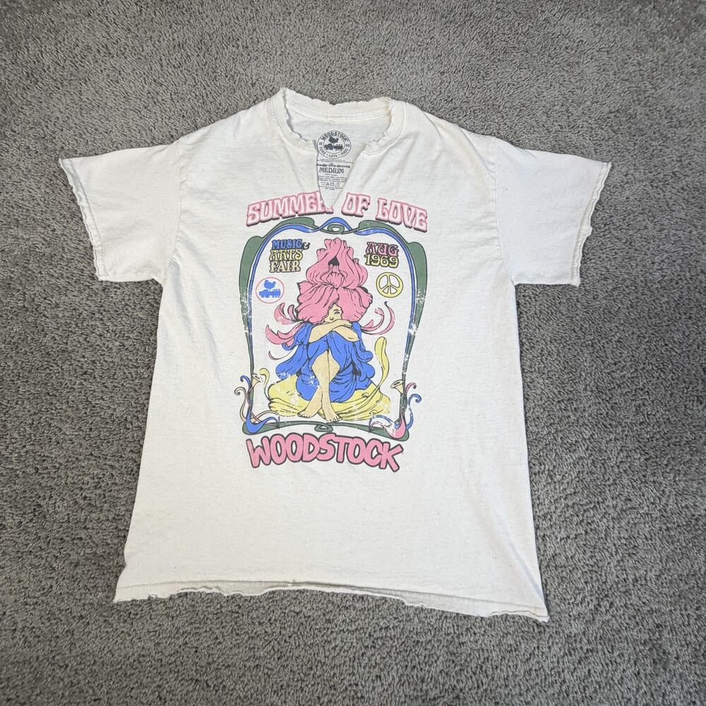 Woodstock Shirt Womens M White V-Neck Summer Of Love Graphic Distressed Top